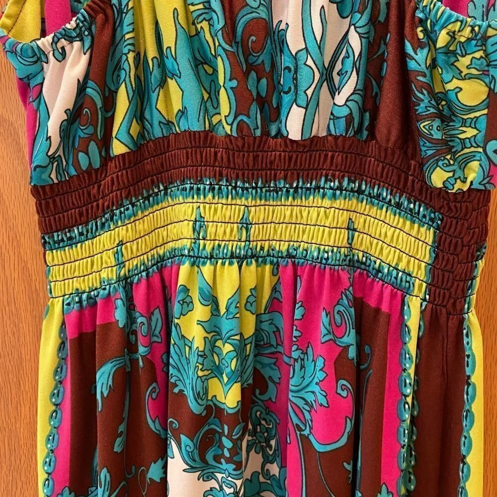 SHE'S COOL Women's Maxi Dress, Size M, Boho, Colors Brown/Pink/Aqua/Lime Green/W - Picture 8 of 8